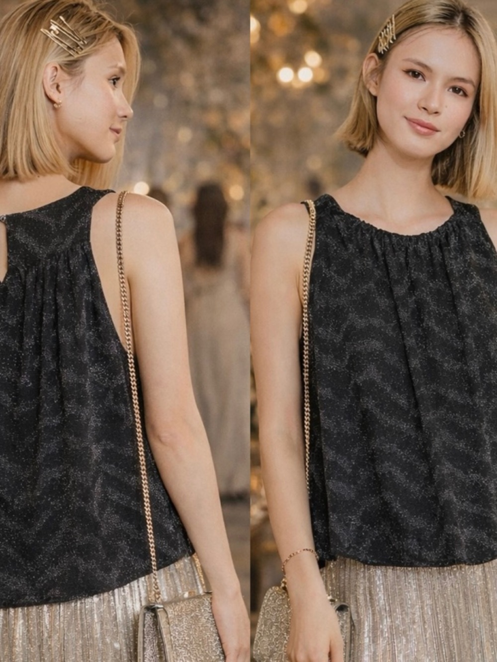 NWT $78 Anthropologie Black Carly Shimmer Scoop Neck Button Back Top S